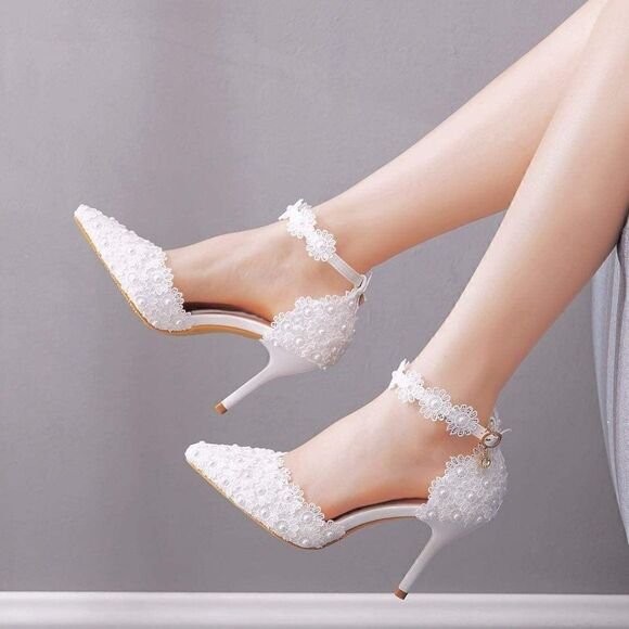 Wedding Heel Sandals White Lace Pearls Wedding Shoes Pointed Toe Bridal Shoe - Picture 6 of 7